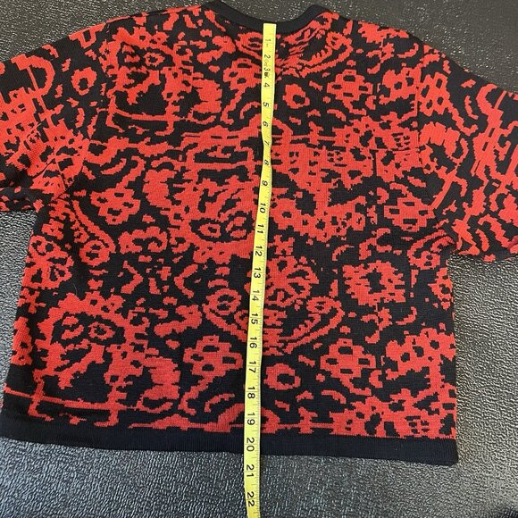 Vintage Jaeger Wool Cardigan sz M Black Red Festive 3/4 Sleeve Boxy Preppy 90s - Picture 7 of 7